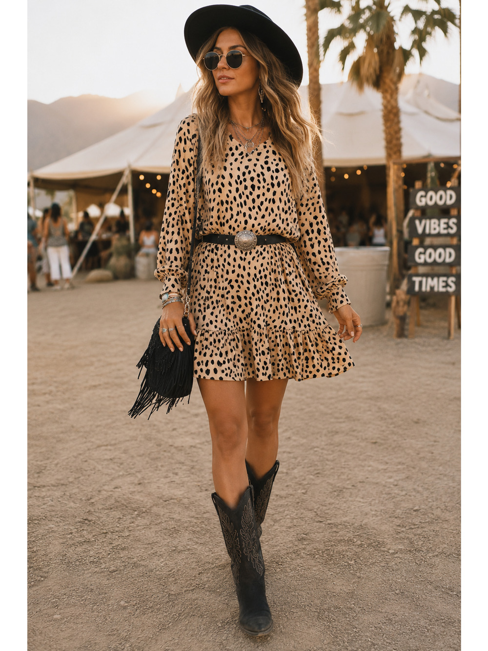 Y2K Animal Print Mini Dress Puff Sleeves Boho Festival Western Coquette Rodeo PP